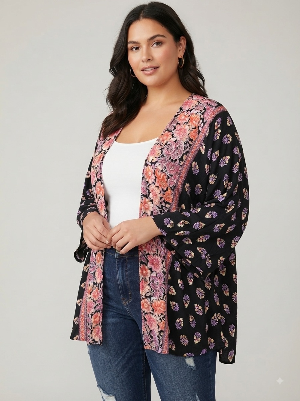 Angie Black Floral Pink & Black Kimono
